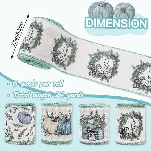 Fall Wired Edge Ribbon 24 Yards Blue Pumpkin Eucalyptus Leaves Craft Fabric Ribbon Autumn Plaids Decorative Ribbon for Thanksgiving Harvest Wreath...