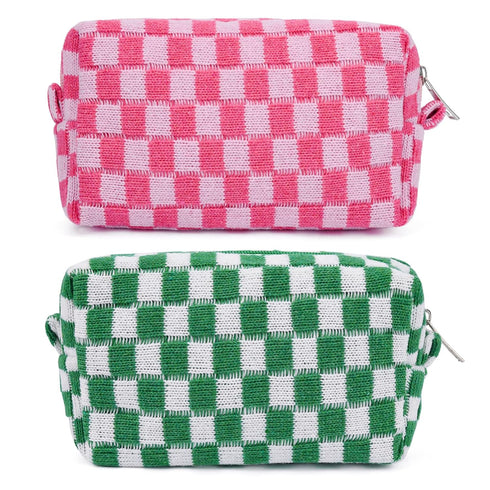 2 Pieces Makeup Bag Pouch Checkered Cosmetic Bag Pink Green, Travel Toiletry Bag Organizer Cute Makeup Brushes Storage Bag for Women...