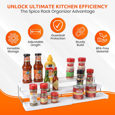 3 Tier Spice Rack Organizer - Expandable 3-Level Seasoning & Spice Organization for Cabinet, Pantry, Kitchen Countertop - Adjustable Length with S...