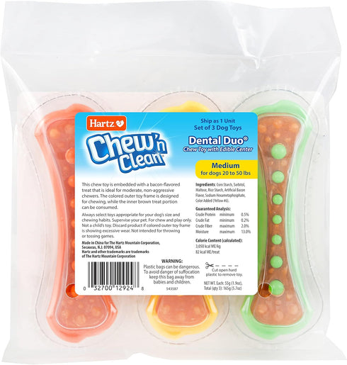Hartz Chew 'n Clean Dental Duo Dog Treat & Chew Toy, Color Varies, Medium, 3 Pack...