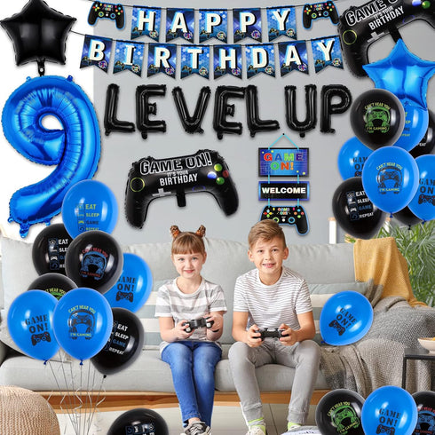 9th Video Game Birthday Party Decoration Balloons Game on Party Supplies Set Include Happy Birthday Banner Foil Balloon Latex Balloon Ideal for Ki...