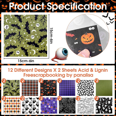 Reofrey 24 Sheets Halloween Pattern Paper Set, 6"x6" Scrapbook Paper Pad Single-Sided Pattern Paper Pack, Scrapbooking Supplies Kit Craft Paper Gh...