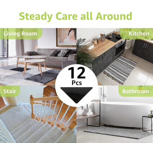 Rabenda 12 Pcs Rug Tape, Non Slip Rug Pads Grippers for Hardwood Floors and Tiles, Reusable Carpet Tape for Area Rugs, Double-Sided Adhesive Rug S...