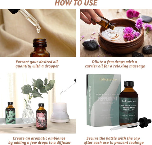 Folkulture Peppermint Oil for Hair Growth - 4 Fl Oz - 100% Pure, Natural and Undiluted Organic Essential Oil, Premium Grade with Glass Dropper, Pe...
