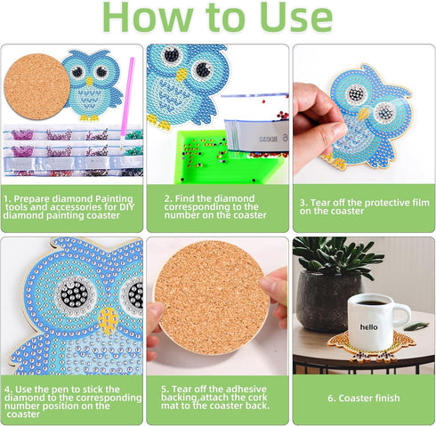 Fsnjcz 10 Pcs Owl Shaped Diamond Painting Coasters Kits with Holder DIY Owl Diamond Painting Coasters Kits Owl Diamond Painting Coasters for Begin...
