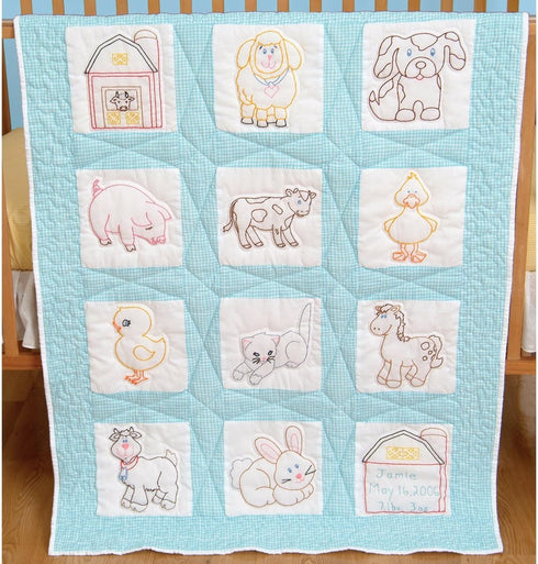 Jack Dempsey Stamped White Nursery Quilt Blocks 9"X9" 12/pkg, Barnyard Friends...