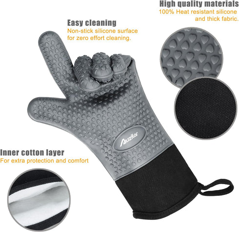 Silicone Cooking Gloves, Grilling Gloves, Heat Resistant Gloves BBQ Kitchen Silicone Oven Mitts, Long Waterproof Non-Slip Potholder for Barbecue, ...