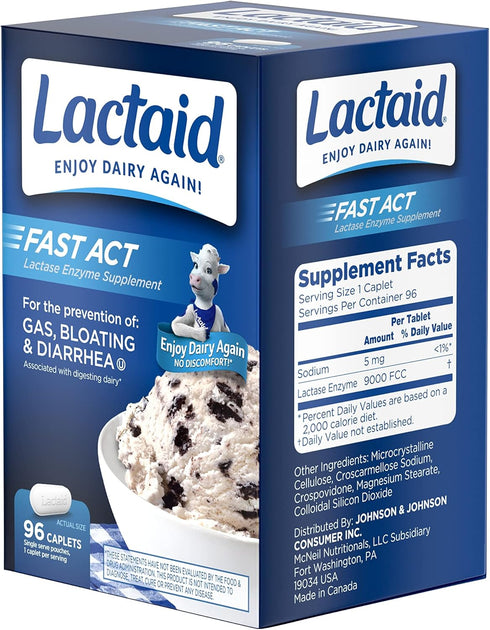 Lactaid Fast Act Lactose Intolerance Caplets with Lactase Enzyme to Prevent Gas, Bloating & Diarrhea Due to Digesting Dairy, Ideal for Travel & On...