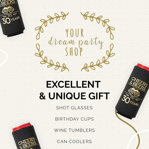 Cheers and Beers to 30 Years Can Coolers, Set of 12 - Black and Gold 30th Birthday Decorations and Party Favors for Men and Women - Cheers to 30 Y...