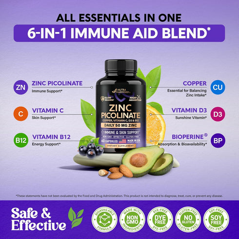 Zing Picolinate 50mg - Zinc Supplement with Copper, Vitamin D3 & B6 - Stomach Friendly | Slow Release Zinc - Immune Support & Skin Health - High A...
