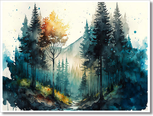 Watercolor Forest Poster,Green Trees Wall Art,Nature Serenity Watercolor Landscape Mountain Canvas wall art,Modern Botanical wall art.16x24 inch U...