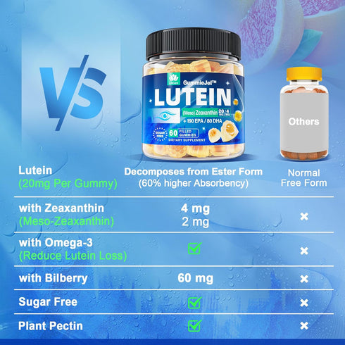 Sugar Free Lutein 20mg & Zeaxanthin Eye Supplement Plus EPA 190mg & DHA 80mg, Eye Vitamins Filled Gummies with Selenium & Zinc, Bilberry, Goji Ber...