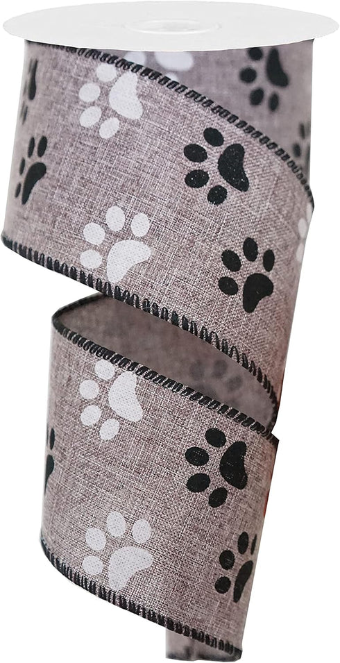 2.5” Wide Paw Print Wired Ribbon, Dog Ribbon Wired, 10 Yards (30 feet) Burlap Wire Edge Ribbon, grey...