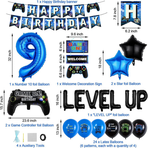 9th Video Game Birthday Party Decoration Balloons Game on Party Supplies Set Include Happy Birthday Banner Foil Balloon Latex Balloon Ideal for Ki...