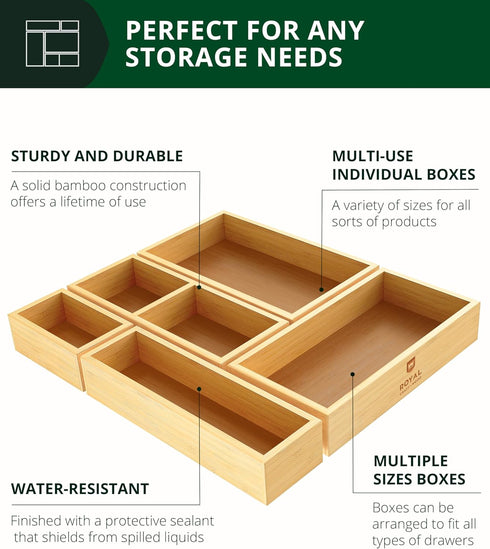 ROYAL CRAFT WOOD 5-Piece Bamboo Drawer Organizer Set – Multi-Use Storage Trays for Kitchen, Bathroom, Office, Makeup, Jewelry & More – Junk Drawer...
