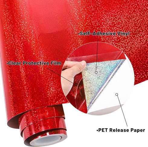 GIRAFVINYL Holographic Red Glitter Vinyl, -12” X 6ft Red Glitter Permanent Vinyl for Tumbler, Home and Car Decorations...