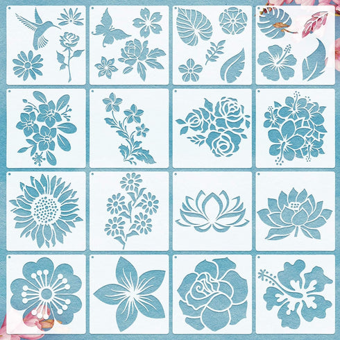 17 Pieces Flower Stencils for Painting on Wood Large Sunflower Painting Stencil Template Summer Butterflies Bird Rose Leaf Reusable Stencils DIY f...
