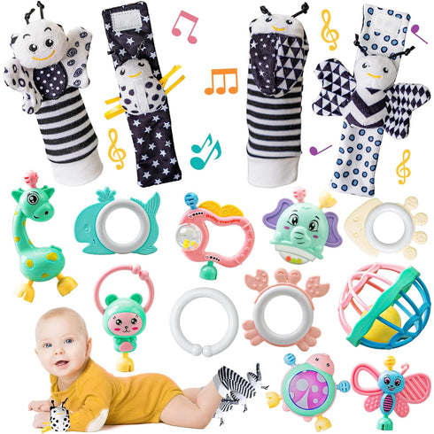 15Pcs Baby Wrist Rattles & Foot Finders Sock,Newborn Hand and Foot Rattles/Teething Toy for Babies,Educational Development Infant Toys,Infant Ratt...