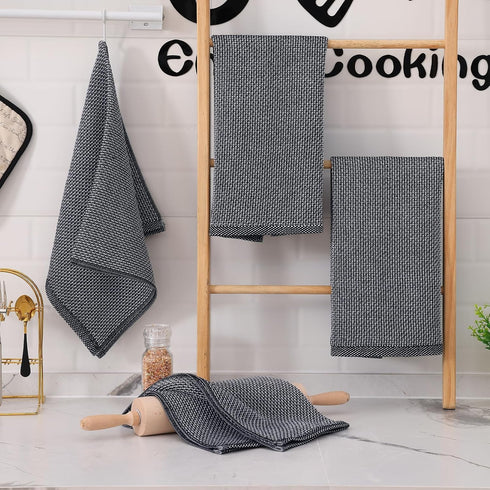 Kitchen Towels and Dishcloths Sets, 26 X 15 Inch and 12 X 12 Inch, Set of 8, Soft and Super Absorbent Dish Towels for Drying Dishes, Black with Wh...