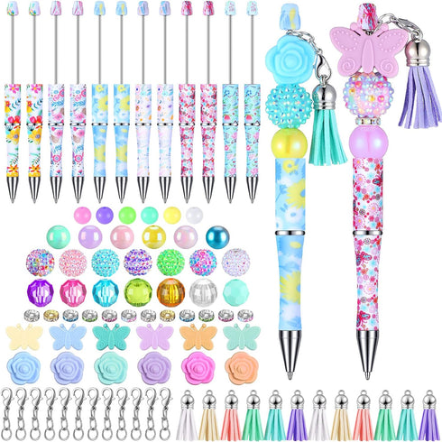 Teling 12 Pcs Beadable Pens Plastic Black Ink Ballpoint Pen with Assorted Spacer Beads Silicone Beads and Tassels and 12 Pcs Lobster Clasps for Of...