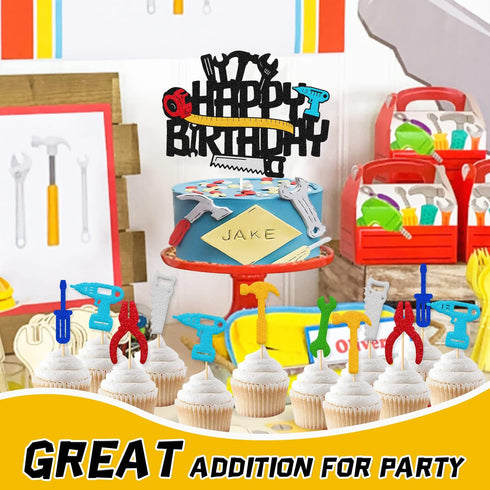 31 Pcs Tools Cupcake Cake Topper Toolbox Wrench Hammer Mechanic Drill Plier Handsaw Tape Measure Screwdrivers Themed Happy Birthday Party Cake Dec...