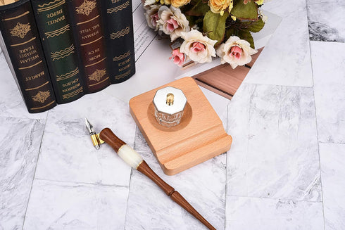 Yoption Wood Dip Pen Set, Calligraphy Oblique Nib Holder With Desktop Pen Holder, Ink Bottle Container and 5 Nibs Kit...