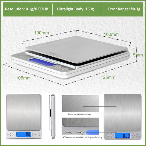 Digital Kitchen Scale – Battery Operated Highly Accurate Stainless Steel Abs Plastic Food Scale - Full Tare Function in 3kg/0.1g Gm and Oz for Wei...