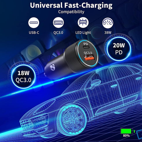 iPhone Car Charger, 38W MFi Certified Lightning Car Charger, USB C Car Charger Adapter PD3.0&QC3.0 Car Charger with 2Pack Lightning Cable for iPho...