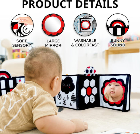 Black and White Baby Toys – High Contrast Soft Sensory Book with Mirror for Newborn Development, Perfect Tummy Time Toy for Infants 0-12 Months...