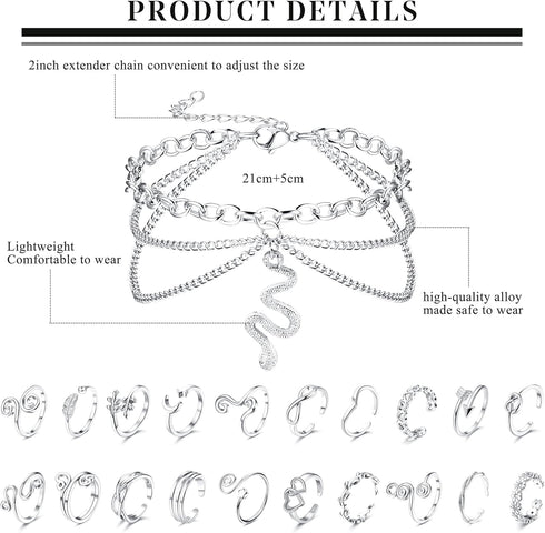 ORAZIO Toe Rings and Ankle Bracelets for Women Silver Rose Gold Plated Anklet Toe Rings Cute Layered Anklets Open Tail Rings Adjustable Beach Foot...