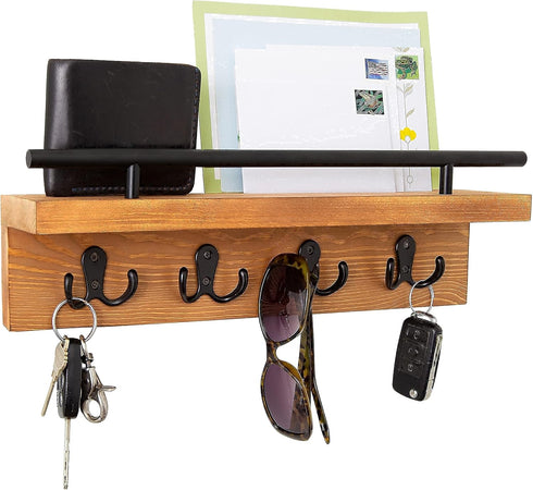 Mail and Key Holder for Wall, Decorative Wooden Wall Shelf with Hooks, Wall Mounted Coat Rack with Shelf, Keys Organizer, Entryway Hooks with Home...