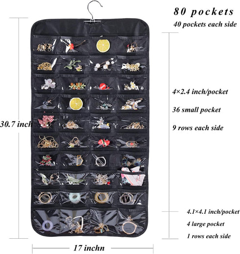 Cemueo Hanging Jewelry Organizer, Double Sided 80 Pocket Jewelry Chain Storage Bag 2 Layer of Fabric Jewelry Organizer Holder for Necklace Bracele...