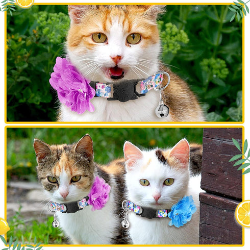 Weewooday 4 Pcs Spring Cat Collar for Girl Cats Gir Cat Collars Flower with Bell and Removable Floral Flower Patterns Adjustable Collar for Pets H...