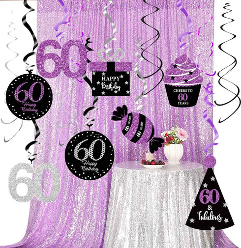 60th Birthday Decorations for Women Purple Black Silver 60th Birthday Party Decorations Hanging Swirls Ceiling– Women...