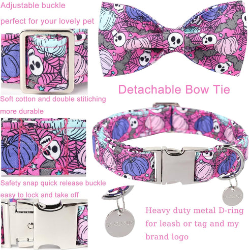 Halloween Dog Collar with Bow Tie, Pumpkin Cotton Bowtie Collar for Puppy Girl Dog or Cat, Halloween Bow Tie Collar with Durable Metal Buckle, Ado...