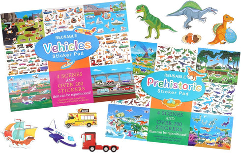 Reusable Sticker Pad Set:Vehicle and Dinosaur-Restickable Sticker Activity Playset for Kids Toddlers Boys Ages 2-4 4-8 Years. Includes Constructio...