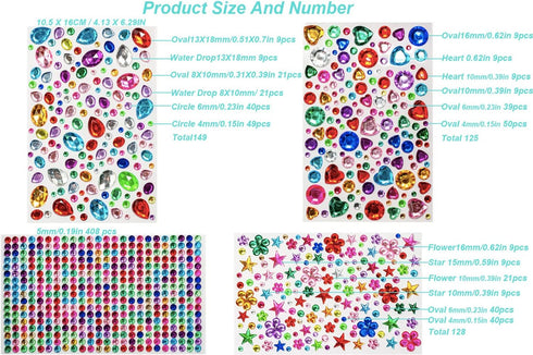 867pcs Gem Stickers Rhinestone for Crafts,Self Adhesive Jewels Stickers,Jewels for Arts & Crafts for Kids,Circle,Heart,Waterdrop,Ellipse,Star,Flow...
