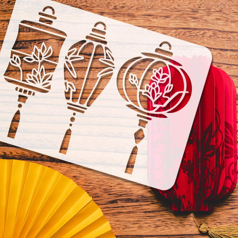 FINGERINSPIRE 3 Shapes Chinese Lantern Stencil 11.7x8.3 inch Oriental Lantern Stencil with Lotus Bamboo Leaves Magnolia Flower Patterns, Flexible ...