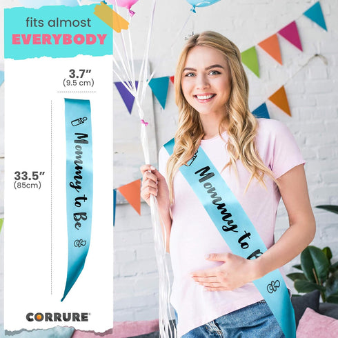 CORRURE Baby Shower Sash for Boy - 'Mommy to Be' Sash With Beautiful Blue Ribbon and Black Foil Text - Ideal Gender Reveal, Baby Shower, Welcome B...