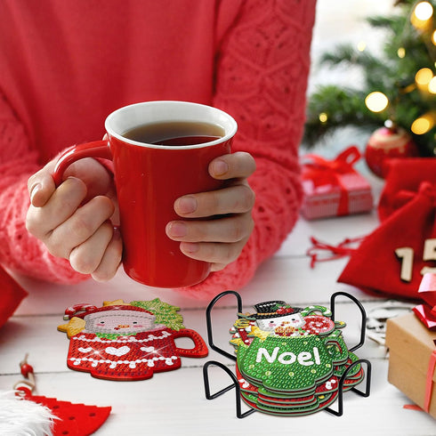8 PCS Christmas Diamond Art Coasters Christmas Hot Cocoa Diamond Art Coasters Kits with Holder Santa Claus Snowman DIY Coasters for Beginners, Adu...