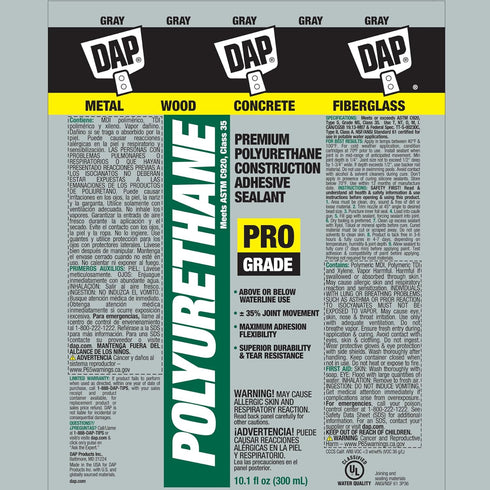 Dap 18814 Adh Slnt Gray Polyurethane Sealant, 10.1 oz...