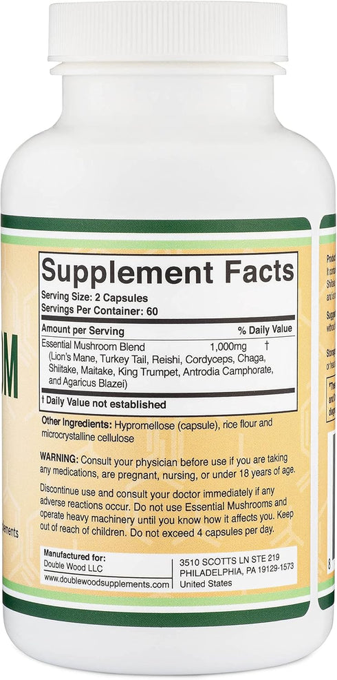 Mushroom Blend Supplement - 1,000mg Top 10 USA Grown Mushrooms (Lion's Mane, Reishi, Cordyceps, and More)...
