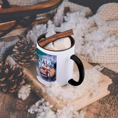 3dRose Classic Woody Car and Big Wave Background with Surfer A Surfing Lover Gift Mug, 11 oz, Black...