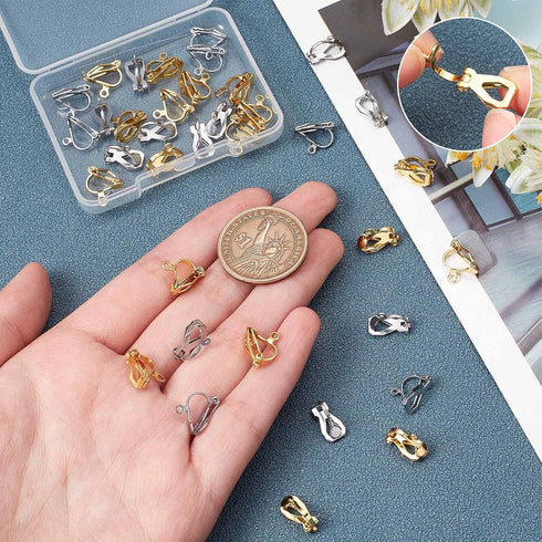 SUNNYCLUE 1 Box 40Pcs 2 Colors Clip-on Earring Converters Stainless Steel Clip on Earrings Clip on Earring Components Gold Silver Dangle Earring C...