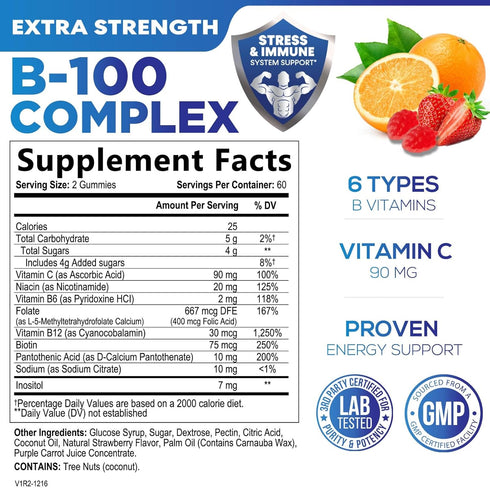 Super B Complex Gummies with Vitamin C & Folic Acid, Extra Strength Vitamin B Gummy Supplement with Niacin, B6, Folic Acid, B12, Biotin, Nature's ...