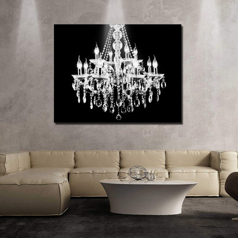 Canvas Print Wall Art - White Crystal Chandelier on Black Background - Wall Decor Modern Artwork Paintings Pictures for Living Room Stretched and ...