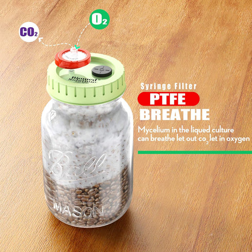 6Pcs Regular Mouth Mushroom Liquid Culture Lid, Grain Spawn Cultivation Mason Jar Lid with 0.2 micron PTFE Syringe Filter & 20mm Self Healing Inje...