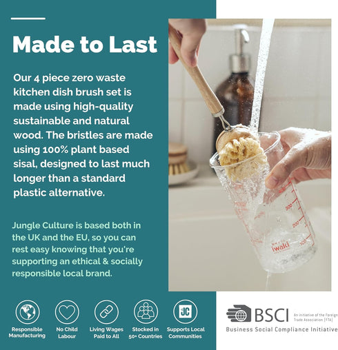 Jungle Culture 4 Piece Bamboo Dish Brush Set for Washing Up • Long Lasting Wooden Dish Brush with 3 Replacement Heads & Loofah Sponge Scourer • Ec...