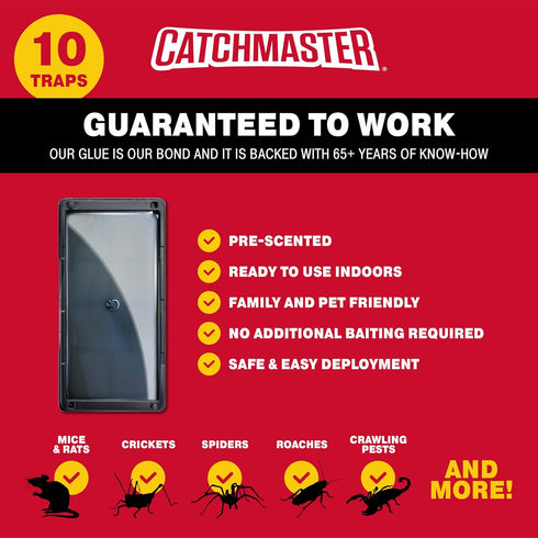 Catchmaster Glue Mouse Traps Indoor for Home 10PK, Bulk Traps for Mice and Rats, Pre-Baited Adhesive Plastic Trays for Inside House, Snake, Lizard...