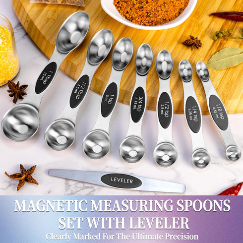 Magnetic Measuring Spoons Set of 8 with Leveler, Stainless Steel Metal Measuring Spoon, Dual Sided for Measuring Dry and Liquid Ingredients, Teasp...